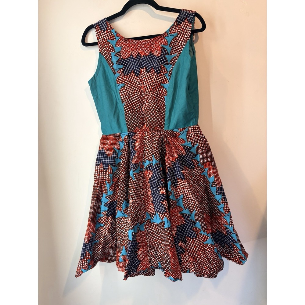 Handmade African Wax Print Dress Fit & Flare Teal Red Geometric M Ankara Style